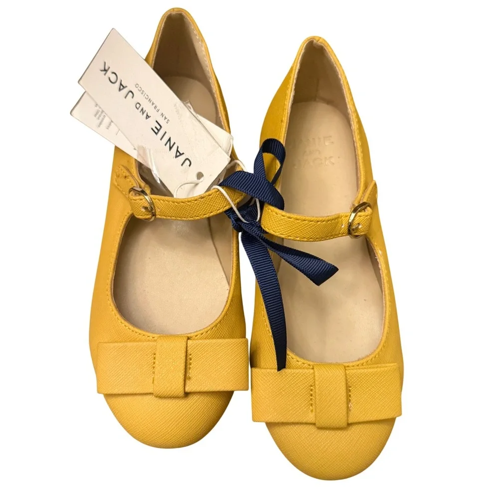 Janie and Jack Kids Mustard Yellow Bow Mary Jane Flats Shoes Girls 12 New w Tags